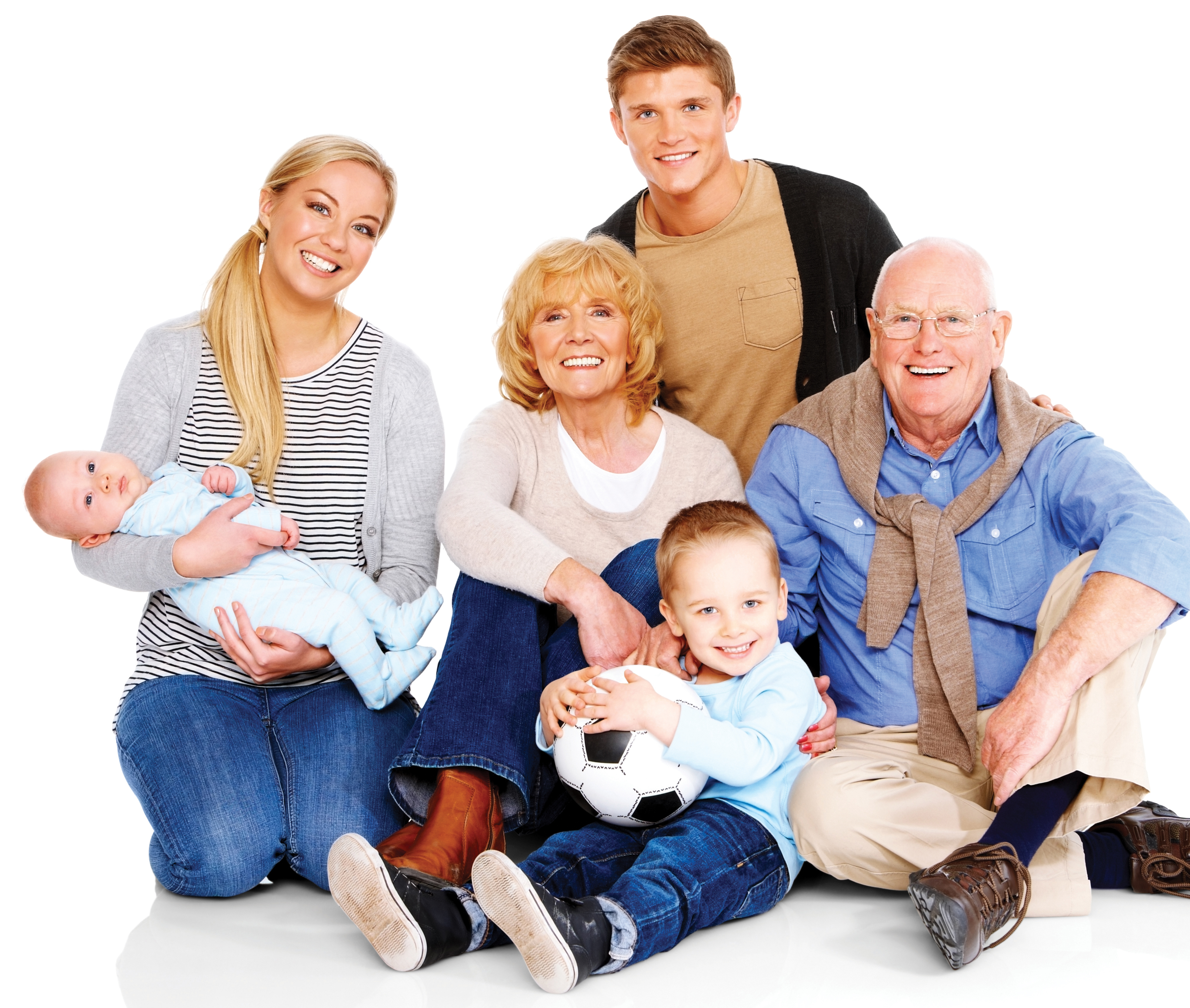 Portrait of beautiful family sitting on floor against white background